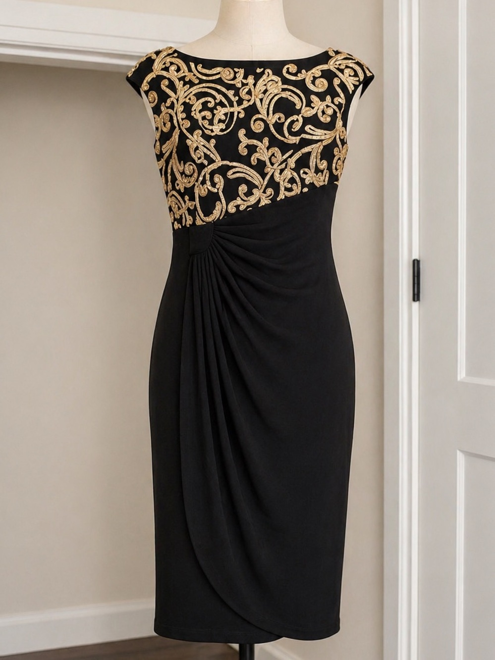 Connected apparel Black Midi Dress with Gold Embroidered Bodice